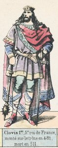1. Clovis, Franciaország 5. királya, 481-ben lépett trónra, 511-ben halt meg (színes metszet) alkotó: French School
