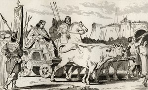 III. Clovis (682-95) ökrök által vontatta szekéren, mellette lovagolva Herstal Pepin II (714 körül), Colart „Histoire de France” című művéből, 1840 körül. alkotó: French School