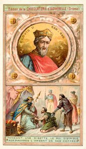 II. Clovis pénzt adott a kasszájából a szegényeknek egy nehéz időszakban, 7. század (chromolitho) alkotó: French School