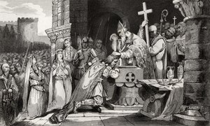 I. Clovis (465-511) a tolbiaci csata előtt seregének embereivel megkeresztelkedett, Colart „Histoire de France” című művéből, 1840 körül. alkotó: French School
