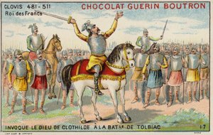 I. Clovis megidézi Clotilde istenét a tolbiaci csatában, 496 (chromolitho) alkotó: French School