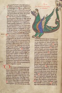 Tőkehal. Guelf. 1 Gud. lat. 40v, szöveg egy sárkányt ábrázoló illusztrációval, a Liber Floridusból, Lambert de Saint-Omer c.1120 alkotó: French School