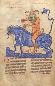 Tőkehal. Guelf. 1 Gud. lat. 41V, Sátán Behemóton lovagol, Liber Floridusból, Lambert de Saint-Omer 1120 körül alkotó: French School
