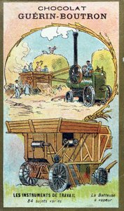Gyűjtőkártya a Chocolat Guerin-Boutrontól, amely egy gőzös cséplőgépet ábrázol