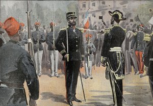 Jean-Baptiste Marchand (1863-1934) parancsnok 1899. május 30-án Toulonban kapta meg a Becsületlégió parancsnokának nyakkendőjét de La Jaille admirálistól (1836-1925), aki körülvette az afrikai felderítő misszió szenegáli lovasait. (Küldetés menete alkotó: French School