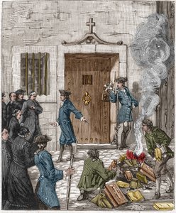 A Societe des Jesuites elítélése a Parlement de Paris 1762. augusztus 6-i döntése nyomán. A bíróság elrendelte, hogy több mint 24 könyvet és a jezsuiták által készített könyvet égesse el a hóhér. századi metszet. alkotó: French School