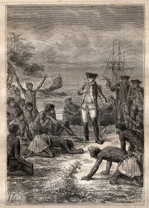 Cook fogadása a bennszülöttek részéről - James Cook harmadik útja - Cookot a bennszülöttek fogadták - James Cook harmadik útja a Csendes-óceánon - Illusztráció Jules Verne „A 18. század nagy tengerészei” című könyvéből alkotó: French School