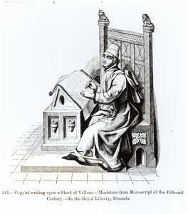 Copyist Writing on a Sheet of Vellum, egy kéziratból, illusztráció a Tudomány és Irodalom a középkorban és a reneszánszban, írta és metszett: Paul Lacroix, 1878 (bw p alkotó: French School