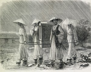 Coreens palanquin (a coreens esőöltönye) ruhák, melyben egy széket cipel. Az illusztráció H. Zuber úr, volt tengerésztiszt "Egy koreai expedíció" című művéből származik (1866) - a "Tour du Monde" című könyvből. alkotó: French School