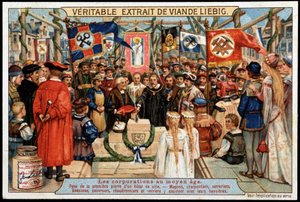 Vállalatok a középkorban: városháza alapkőletétele, kőművesek, asztalosok, lakatosok, bútorasztalosok, tetőfedők, kazánkészítők és üvegesek jelennek meg különféle transzparenseikkel - Liébig reklámmatrica, XIX. század vége alkotó: French School