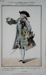 Firmin jelmeze Felix szerepében a La Tapisserie-ben, 108. tábla a "Petite Galerie Dramatique"-ból, kiadó: Martinet, Párizs. alkotó: French School