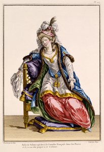 Jelmez a szultánok feleségének a La Comedie Francaise-ben, Patus által készített nyomat (kézzel színezett metszet) alkotó: French School