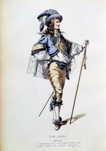 Jelmez Don Juan karakterének Jean Baptiste Poquelin dit Moliere (1622-1673) homonim darabjának I. felvonásának 2. jelenetében. Metszet a 19. századi Párizsról, Comedie francaise alkotó: French School