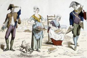 Párizs jelmezei az évszázadok során. Illusztráció 18. századi ruházatról: esernyő-, virág-, matrackarton- és fújtatókereskedő. alkotó: French School