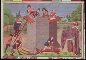 Cott augusztus V, 22. évf. Bábel tornyának építése, miniatűr a „Le Tresor des Histoires”-ból (vellum) alkotó: French School