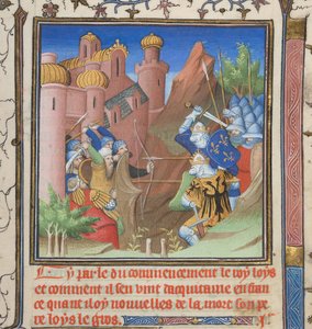 Cotton Nero E II pt.1, f.222, VII. Lajos és apja csatája, a Grandes Chroniques de France-tól alkotó: French School