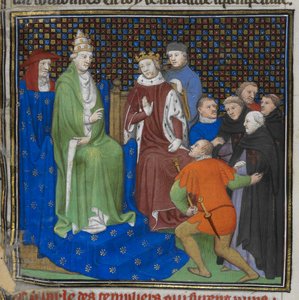 Cotton Nero E II pt2 fol.100v A templomosok IV. Fülöp (1268-1314) és V. Kelemen pápa (kb. 1260-1320) előtt, a „Grandes Chroniques de France”-ból (vellum) alkotó: French School