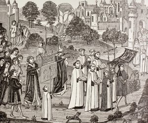 Renier gróf viszi Szent Veronika testét a monsi Szent Waudru templomba, Paul Lacroix "Military and Religious Life in the Middle Ages" című művéből, London, 1880 körül. alkotó: French School