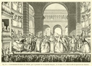 Voltaire mellszobrának megkoronázása a Comedie francaise munkatársai által 1778. március 30-án, a Tuileries előadótermében alkotó: French School