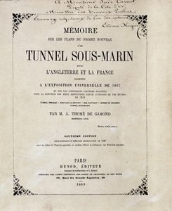 Az 1867-es világkiállításon készült, Anglia és Franciaország közötti víz alatti alagút (víz alatti) új projekt terveiről szóló „” Memoire borítója”, M.A. Thome de Gamond. alkotó: French School