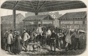 Hentes hús készítése a rue des Prouvaires piacon, Párizs 1. kerületében – Edmond Texier 1852-es metszete „Tableau-de-Paris”-ban alkotó: French School