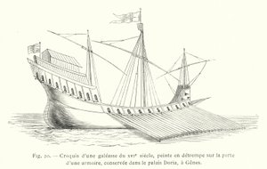 századi gálya vázlata, temperafestmény egy szekrény ajtaján, a Doria palotában őrzve, Genovában (metszet) alkotó: French School