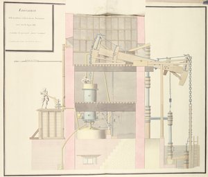 Egy gőzgép keresztmetszete bányákból víz kinyerésére, 1760 körül (toll, tinta és WC papíron) alkotó: French School