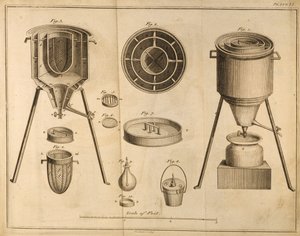 Tudományos berendezés keresztmetszete, Antoine Laurent de Lavoisier (1743-94) A kémia elemei című művéből, D.Lizars metszete, 1796 alkotó: French School
