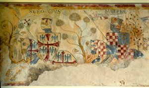 Keresztes hadjárat: a lovagok indulása a keresztes hadjáratért: Vermandois-i Szent György és I. Hugh (1057-1102) (?) vagy Lusignan XII. Hugh (?) ábrázolása. Saint Jacques de Gueret freskójának részlete alkotó: French School