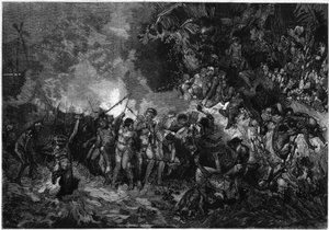 Új-Kaledónia szokása: Pilou pilou (Pilou-pilou), hagyományos kanak tánc. Metszet a „” Le Monde Illustré ”” 772. számában, 1872. január 27. alkotó: French School