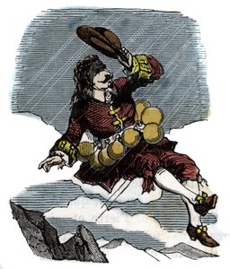 Cyrano de Bergerac felemelkedik az égen a rózsafioláknak és a Holdra való utazásnak köszönhetően, Hercules Savinien Cyrano de Bergerac (1619-1655) regényének illusztrációja: "" A másik világ"" alkotó: French School