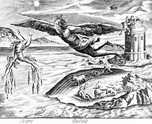 Daedalus, aki fiával, Ikarosszal megszökik Krétáról, látja őt halálra zuhanni, 1619 alkotó: French School
