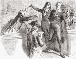 Danton és Desmoulins az 1794. március 30-i egyezmény előtt védekezik Louis Blanc (1811-82) 1847-62 „Histoire de la Revolution Francaise” című művéből. alkotó: French School