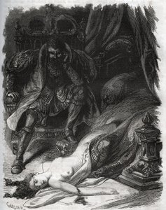Francoise de Foix, Chateaubriant grófnő (kb. 1495-1537) halála, akit férje, Jean de Laval Comte de Chateaubriant (Laval-Chateaubriant) (1486-1543) meggyilkolt, aki így bosszút állt felesége hűtlenjein. Metszet 1871-ből a „Histoire Des alkotó: French School