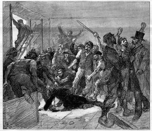 1886-ban sztrájkolnak a decazeville-i (Aveyron) bányászok: Watrin mérnököt meggyilkolták a Grevisták. Metszet a „Le Monde Illustré”-ben, 1886. február 6. alkotó: French School