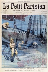 Mélytengeri búvárok, akik megpróbálják felemelni a Farfadet, a Le Petit Parisienből, 1905. július 23.