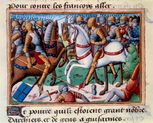 Clarence hercegének veresége az anjoui Grand-Bugy-nál (1421). Miniatűr a „Vigiles du roi Charles VII” című filmben (Folio 24v), Martial d