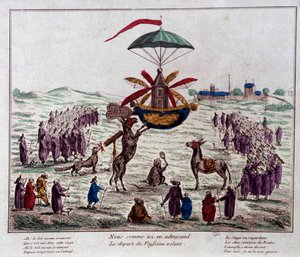 A szatírrepülő hajó indulása a Jean-Pierre Blanchard (1753-1809) által elképzelt repülőgépen: szamarak, majmok és vak nézik a furcsa, hat szárnnyal és kormánylapáttal felszerelt gépet. Metszet a 18. század végéről. Párizs, Musee Carn alkotó: French School