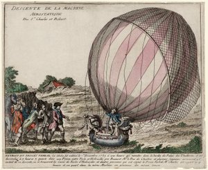 Az Srs aerosztatikus gépének leszármazása Charles és Robert, kocsma. 1783 (kézzel színezett metszet) alkotó: French School