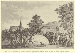 Az első hidrogénballon leereszkedése Gonesse-be, ahol a parasztok darabokra tépték (metszet) alkotó: French School