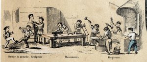 Gyermekek szabadidő- és játékleírása: felnőttek (szobrász, kovács és asztalos) tanulása kisfiúk által. "" les jeux de l