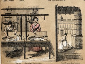 A termény- és selyemtermékek leírása: selymet fonó, gubókat eltávolító vagy elfojtó munkások. „” la soie”” tábla in „” les Recreations instructives”” Jules DELBRUCK szinoptikus festménye, metszet 1860-ból. Magángyűjtemény. alkotó: French School