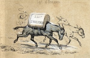 A különböző termékek leírása és a szamár felhasználási módjai: szamarak, akik sok danesse tejet szállítanak. Részlet a „” A szamár és termékei” tábla részlete a „” Les Recreations instructives”-ban” Jules DELBRUCK szinoptikus festménye, metszet 1860-ból. M alkotó: French School