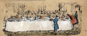 A tehén különböző termékeinek és felhasználási módjainak leírása: A tehénből készült termékek (sajt, marhahús) egy hétköznapi büfé asztalán találhatók bál közben. Tányér „” La coache et ses produits”” in „” les Recreations instructives”” Synoptique festmén alkotó: French School