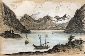 A különböző tájtípusok és domborművek földrajzi leírása: Genfi-tavat ábrázoló részlet. „” Physical Geography”” tábla a „” les Recreations instructives”-ban” Jules DELBRUCK szinoptikus festménye, metszet 1860-ból. Magángyűjtemények alkotó: French School