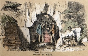 A különböző tájtípusok és domborművek leírása földrajzi elhelyezkedéstől függően: részlet a kutyabarlang látogatóiról. „” Physical Geography”” tábla a „” les Recreations instructives”-ban” Jules DELBRUCK szinoptikus festménye, metszet 18-ról alkotó: French School