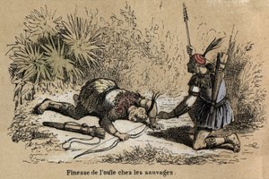 Az öt érzékszerv leírása: a hallás részlete, a hallás fejlettebbnek és finomabbnak tűnik az őslakos populációkban. „” Les cinq sens”” tábla a „” les Recreations instructives”-ban” Jules Delbruck szinoptikus festménye, metszet 1860-ból. Magángyűjtemény alkotó: French School