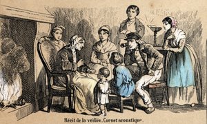 Az öt érzékszerv leírása: a hallás részlete, az éjszakai szavalások a házikókban, egy öregember akusztikus kúpot használ. „” Les cinq sens”” tábla a „” les Recreations instructives”-ban Jules Delbruck szinoptikus festménye, metszet 1860-ból. alkotó: French School