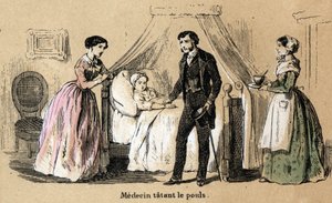 Az öt érzékszerv leírása: érintés, egy beteg lány pulzusát koppintó orvos. „” Les cinq sens”” tábla in „” les Recreations instructives”” Jules Delbruck szinoptikus festménye, metszet 1860-ból. Magángyűjtemény. alkotó: French School