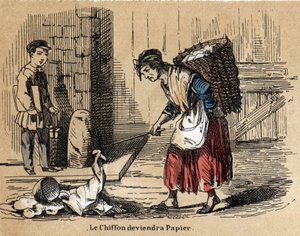A különböző termékek és papírfelhasználások leírása: régi rongyok gyűjteménye, amelyekből a papír származik. „” Le papier et ses produits”” tábla in „” les Recreations instructives”” Jules Delbruck szinoptikus festménye, metszet 1860-ból. Magánszemély alkotó: French School